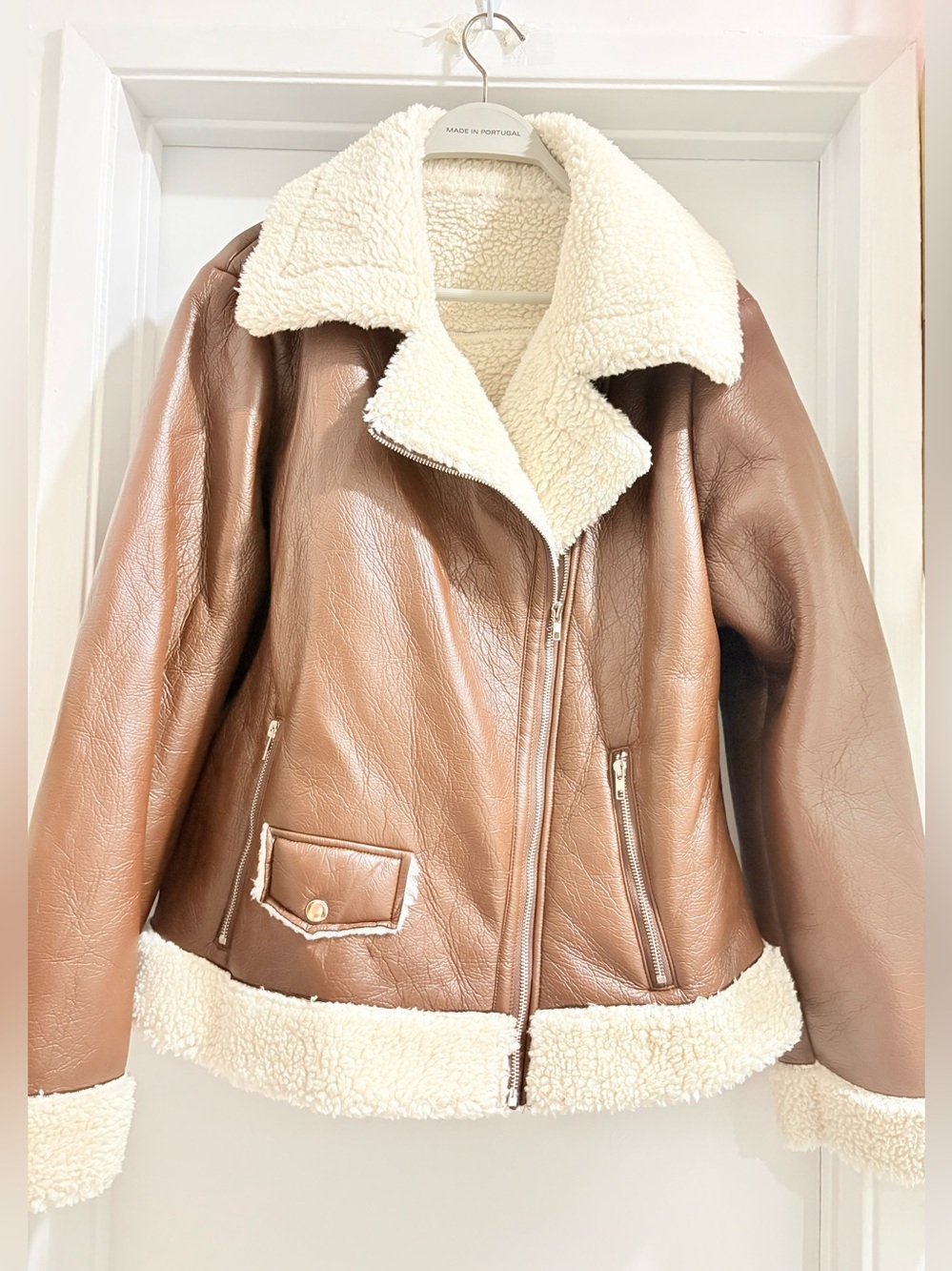 Women's Brown Faux Shearling Aviator Jacket - Brown Cream Trim